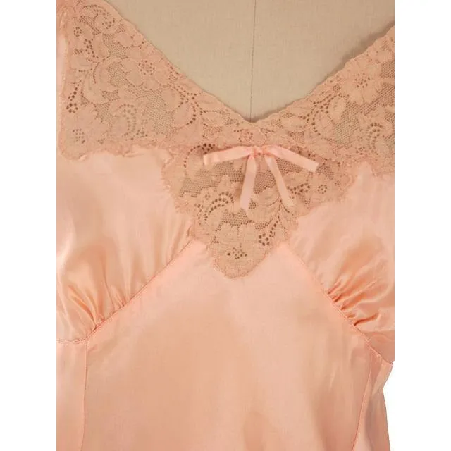 Vintage Full Slip Bias Cut Peach Rayon Satin w/ Lace & Bow Trim Sz 38 1930s Adso