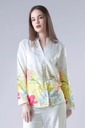 White Abstract Floral Velvet Shirt For Women