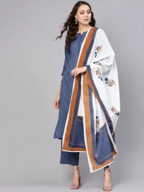 Women Blue & White Printed Kurta With Trousers & Dupatta