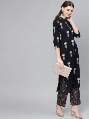 Women Navy Blue & Golden Printed Kurta With Trousers