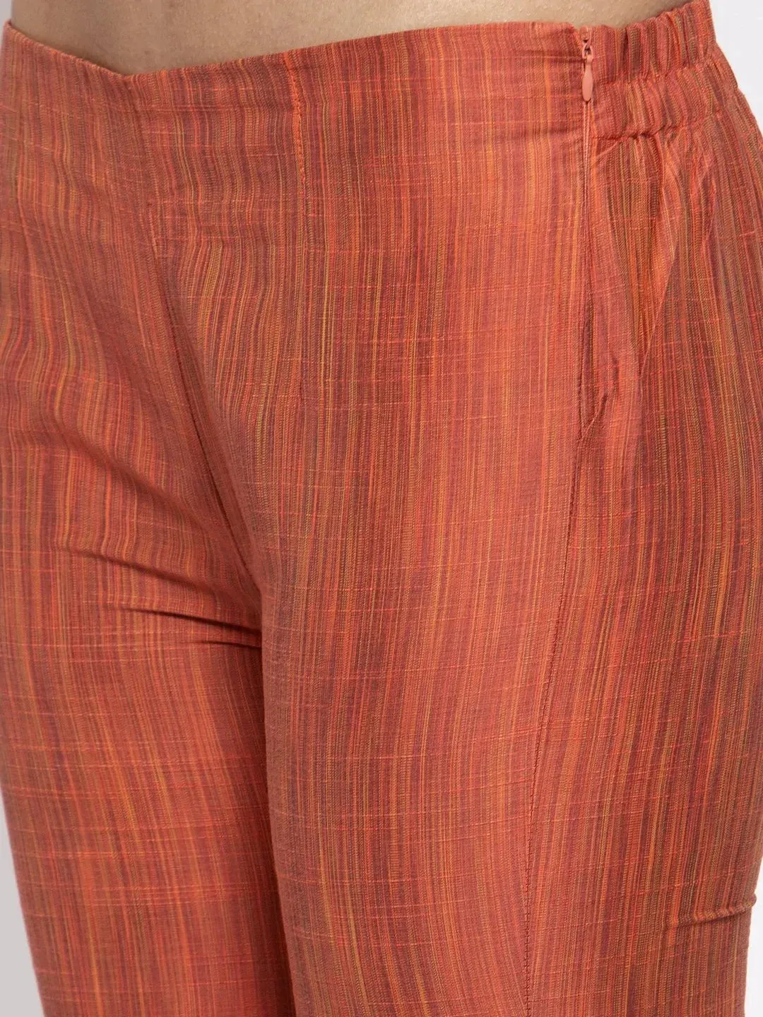 Women Orange Self-Striped Kurta With Trousers & Georgette Dupatta