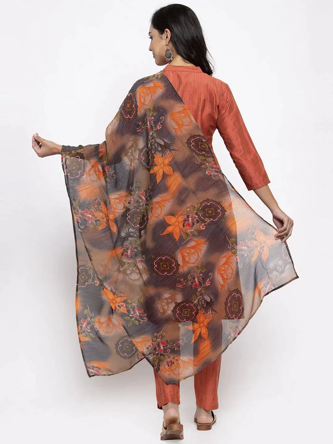 Women Orange Self-Striped Kurta With Trousers & Georgette Dupatta