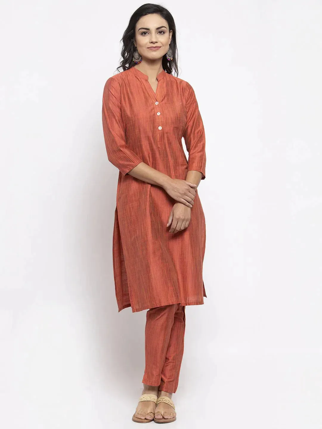 Women Orange Self-Striped Kurta With Trousers & Georgette Dupatta