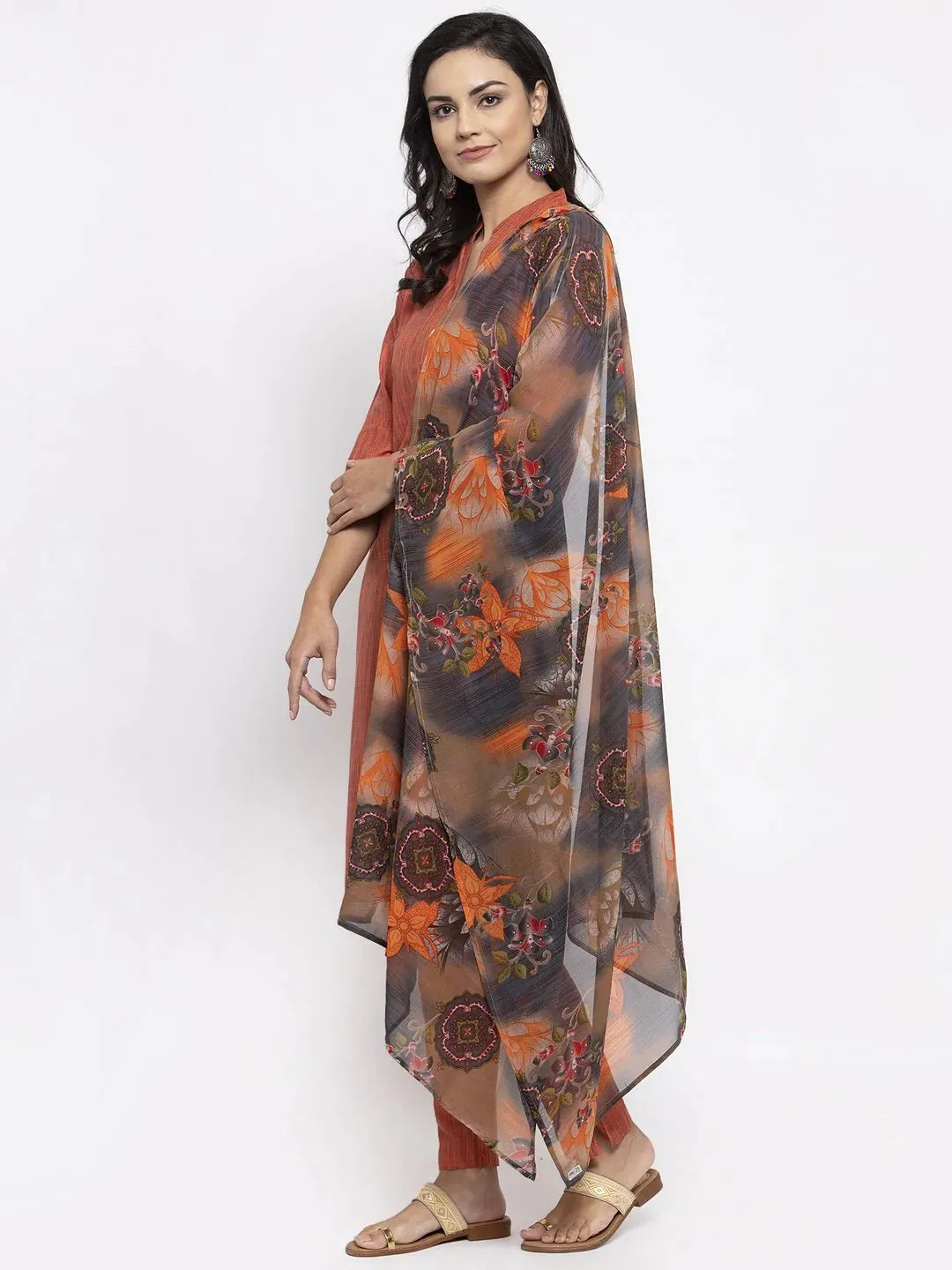 Women Orange Self-Striped Kurta With Trousers & Georgette Dupatta
