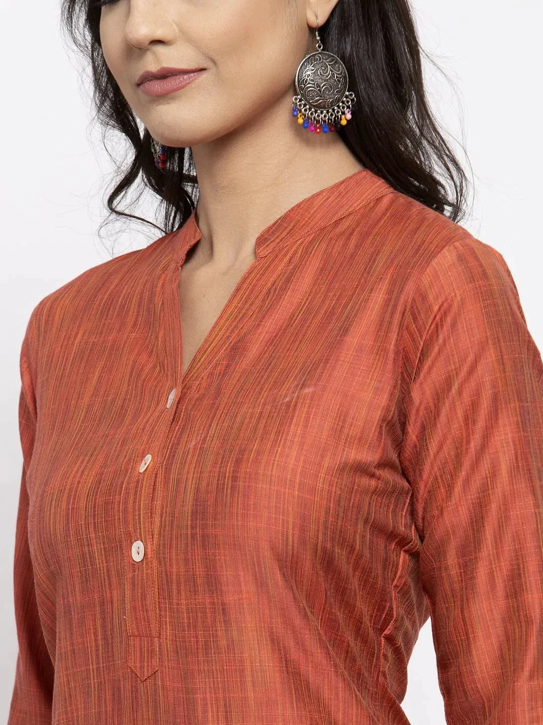 Women Orange Self-Striped Kurta With Trousers & Georgette Dupatta