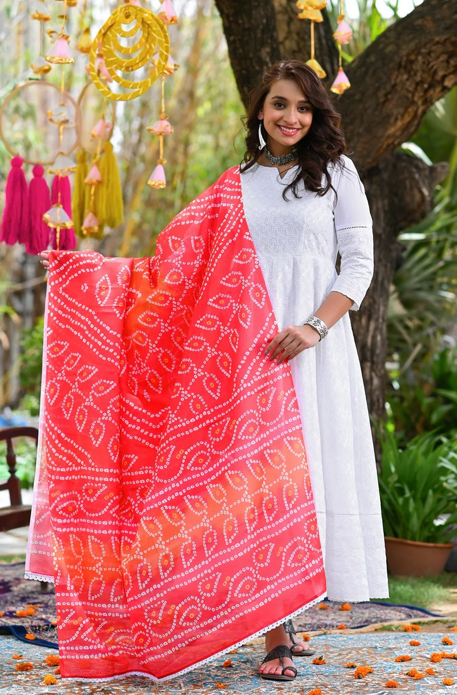 Women White Embroidery Anarkali Kurta With Trousers & Dupatta