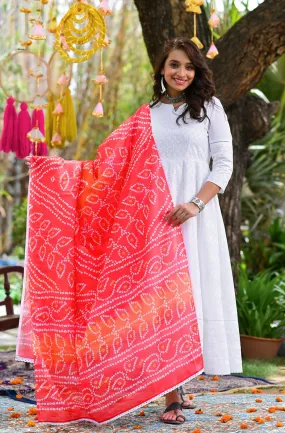 Women White Embroidery Anarkali Kurta With Trousers & Dupatta