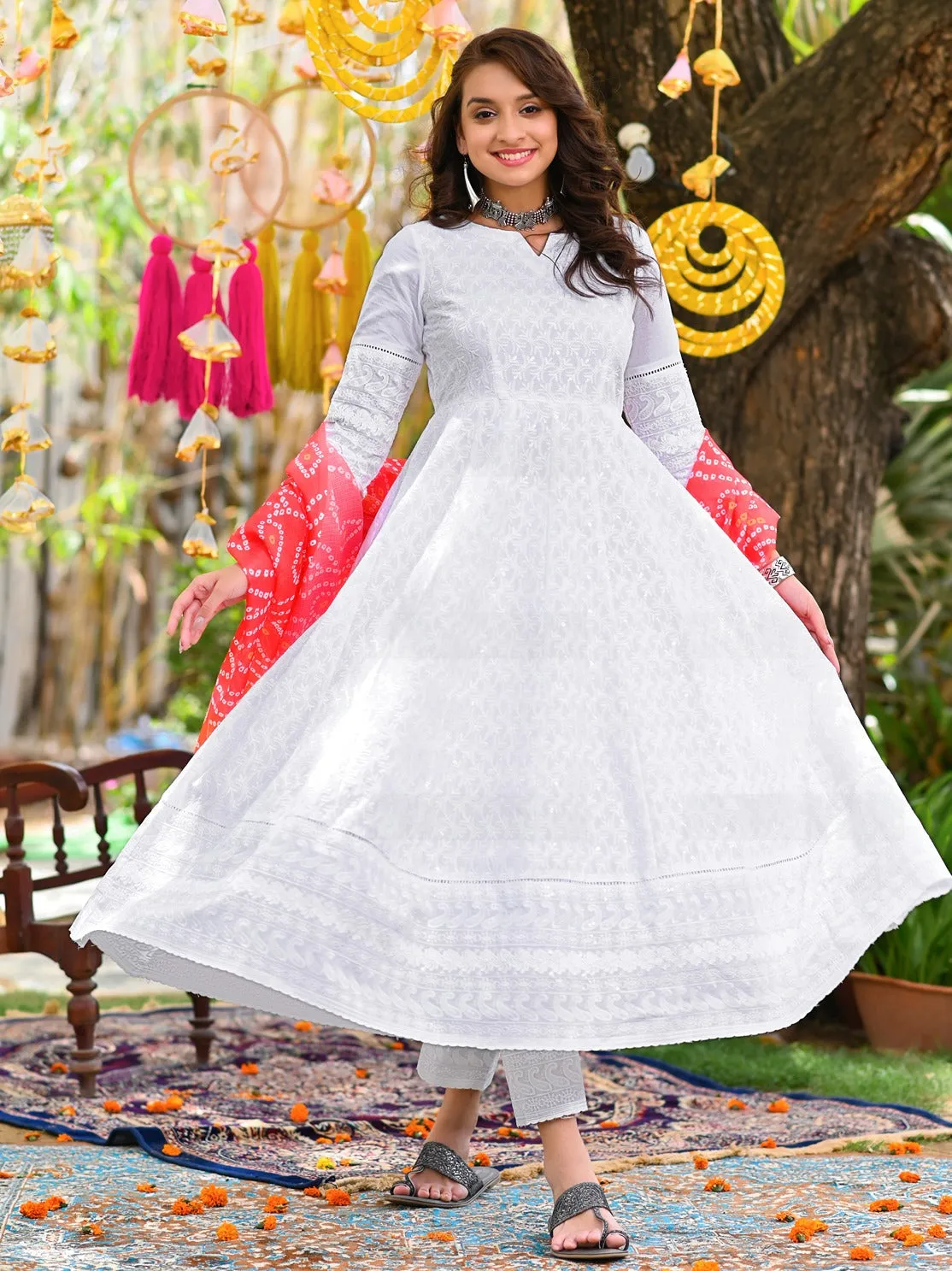 Women White Embroidery Anarkali Kurta With Trousers & Dupatta