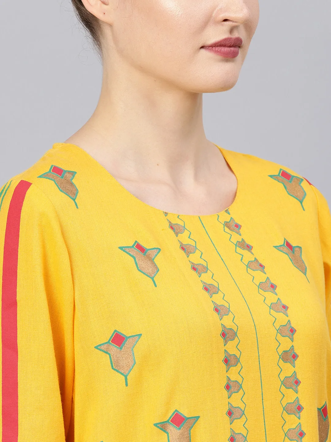 Women Yellow Red And Golden Block Printed Printed Kurta With Trousers