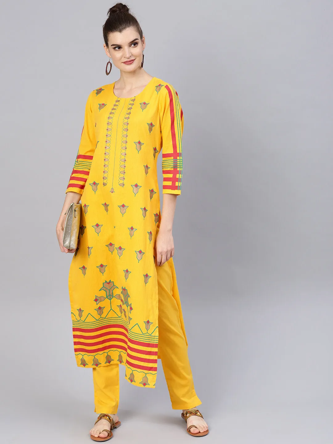 Women Yellow Red And Golden Block Printed Printed Kurta With Trousers