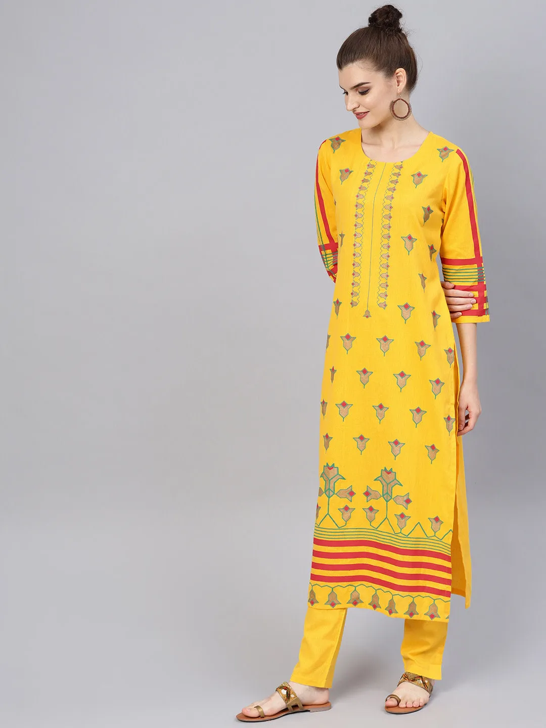 Women Yellow Red And Golden Block Printed Printed Kurta With Trousers
