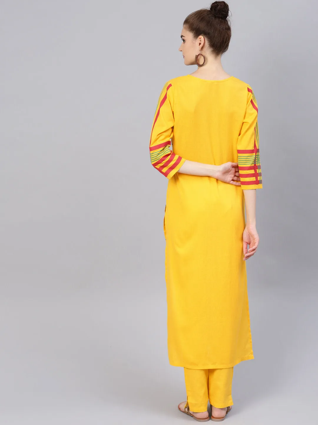 Women Yellow Red And Golden Block Printed Printed Kurta With Trousers