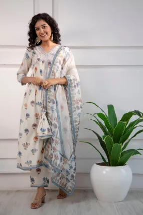 Women's Muslin Cream Alia Cut A-line Ethnic Set