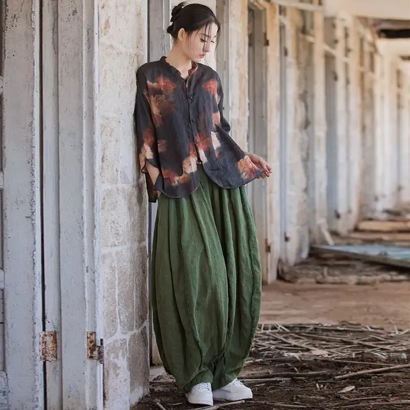 Women's Summer Green Linen Tapered Harem Pants with Bohemian Maxi Length