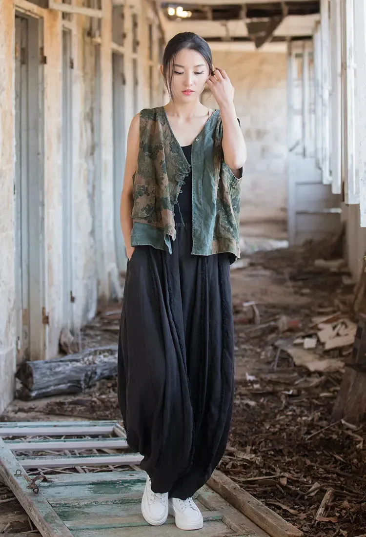 Women's Summer Green Linen Tapered Harem Pants with Bohemian Maxi Length