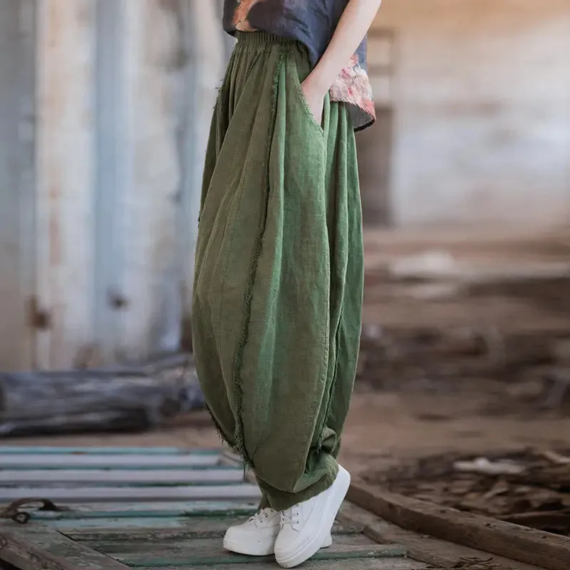 Women's Summer Green Linen Tapered Harem Pants with Bohemian Maxi Length