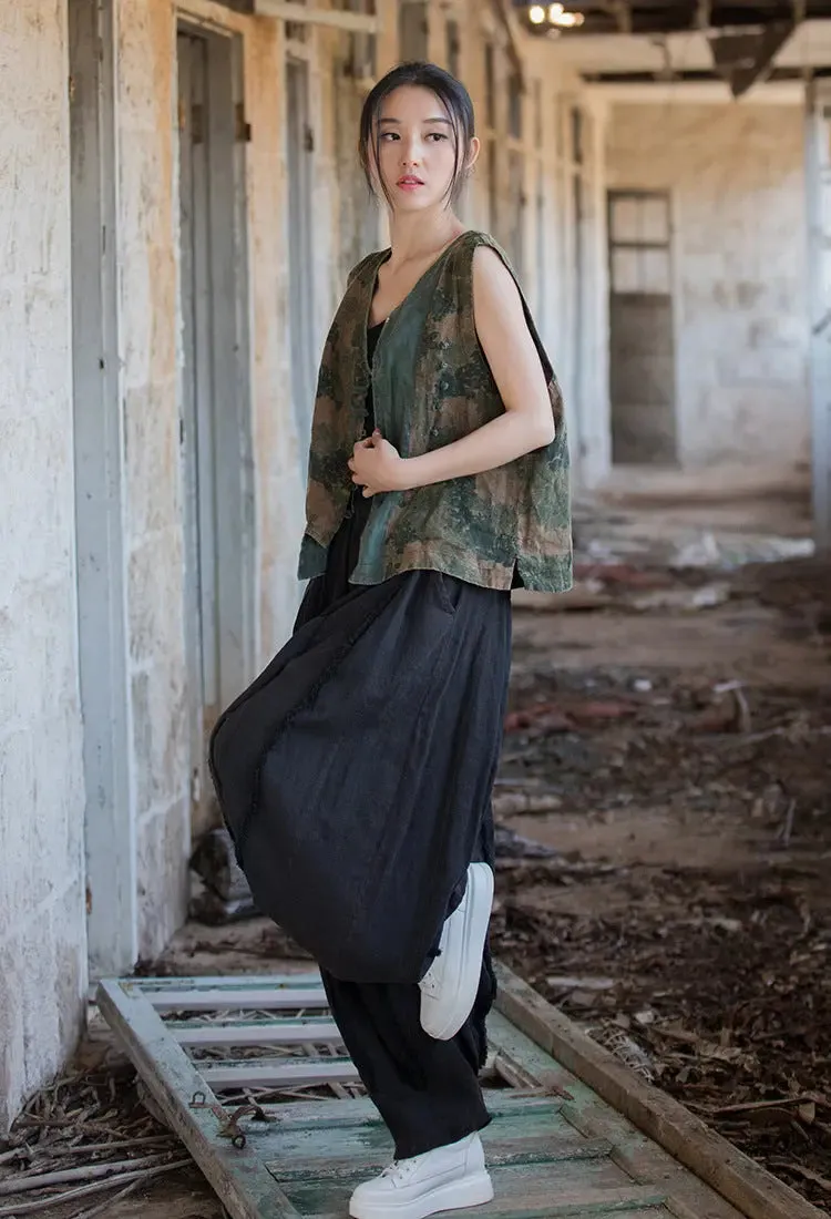 Women's Summer Green Linen Tapered Harem Pants with Bohemian Maxi Length