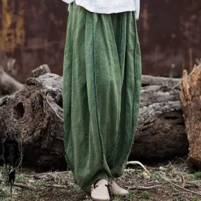 Women's Summer Green Linen Tapered Harem Pants with Bohemian Maxi Length