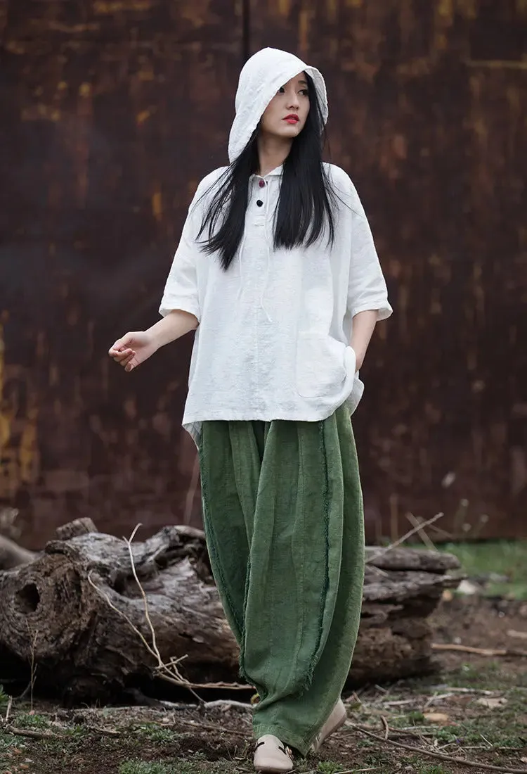 Women's Summer Green Linen Tapered Harem Pants with Bohemian Maxi Length