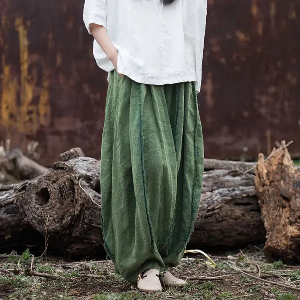 Women's Summer Green Linen Tapered Harem Pants with Bohemian Maxi Length